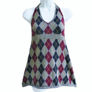 Michael Kohrs Argyle Halter Top Studs Grey Red Yellow Knit Cotton L